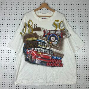 Nascar 50th Anniversary AOP T Shirt XXL All Over Graphic White Colorful Racing